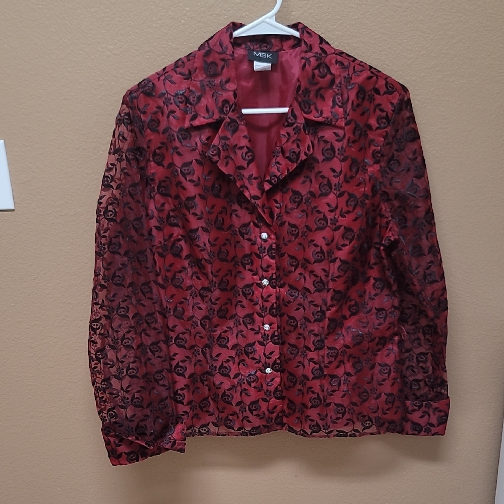 MSK Women's Red and Black Sheer Floral Button Down Shirt ❤️🖤